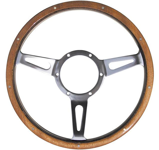 13" Semi-Dished Polished Classic Riveted Woodrim Steering Wheel, Centre with Slots - BMC Parts