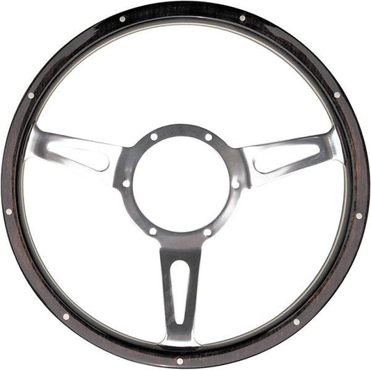 13" Semi-Dished Polished Classic Riveted Woodrim Steering Wheel, Centre with Slots - BMC Parts