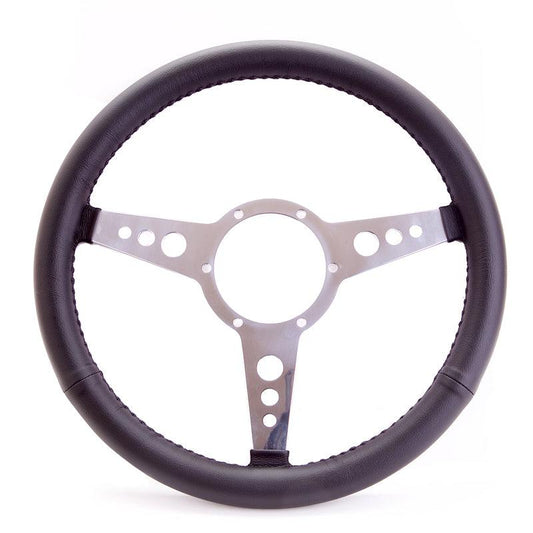 14"/15" Flat Dished Black Luxury Leather Steering Wheel with Integrated Spat - Polished Aluminium Centre & Ring - BMC Parts