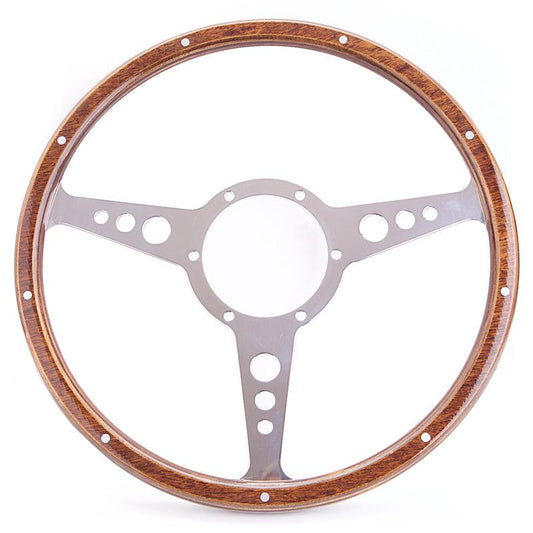 14"  Flat-Dished Polished Classic Riveted Woodrim Steering Wheel, Centre with Holes - BMC Parts