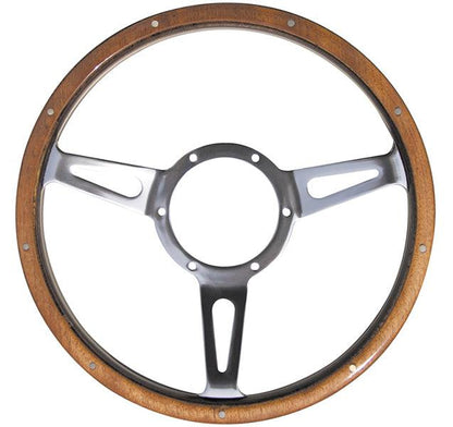 14" Semi-Dished Polished Classic Riveted Woodrim Steering Wheel, Centre with Slots - BMC Parts