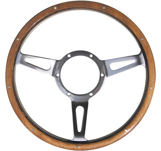 15" Semi-Dished Polished Classic Riveted Woodrim Steering Wheel, Centre with Slots - BMC Parts