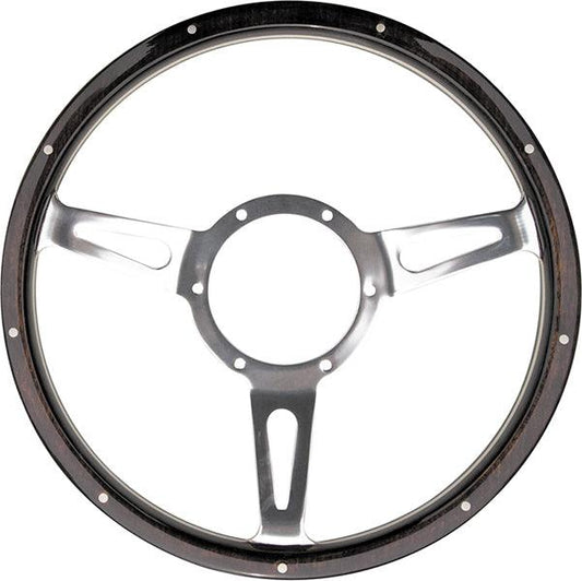 15" Semi-Dished Polished Classic Riveted Woodrim Steering Wheel, Centre with Slots - BMC Parts